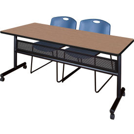 Kobe Privacy Nesting Table with 2 Zeng Blue Stack Chairs, 72"L x 30"W, Noble Oak