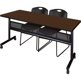 Kobe Privacy Nesting Table with 2 Black Stack Chairs, 72"L x 30"W, Neo Walnut