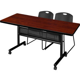 Privacy Nesting Table with 2 Zeng Black Stack Chairs, 72"L x 30"W, Cherry