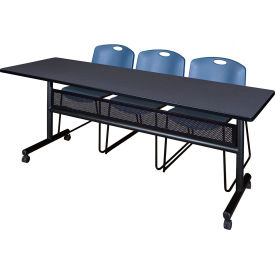 Kobe Privacy Nesting Table with 2 Zeng Blue Stack Chairs, 84"L x 24"W, Gray