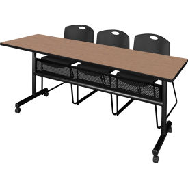 Kobe Privacy Nesting Table with 2 Zeng Black Stack Chairs, 84"L x 24"W, Noble Oak
