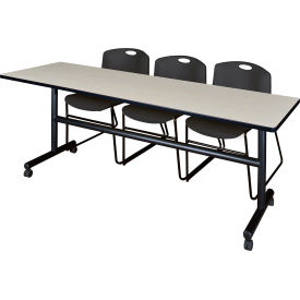 Kobe Training Nesting Table with 2 Zeng Black Stack Chairs, 84"L x 24"W, Maple