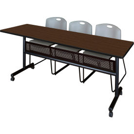 Privacy Nesting Table with 2 Zeng Gray Stack Chairs, 84"L x 24"W, Neo Walnut