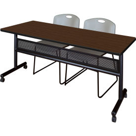 Privacy Nesting Table with 2 Zeng Gray Stack Chairs, 72"L x 30"W, Neo Walnut