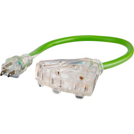 2' SJOOW Tri-Tap Extension Cord, 12/3 Gauge, 15A, Green