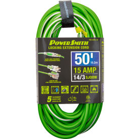 50' SJOOW Extension Cord with Lighted Locking, 14/3 Gauge, 15A, Green