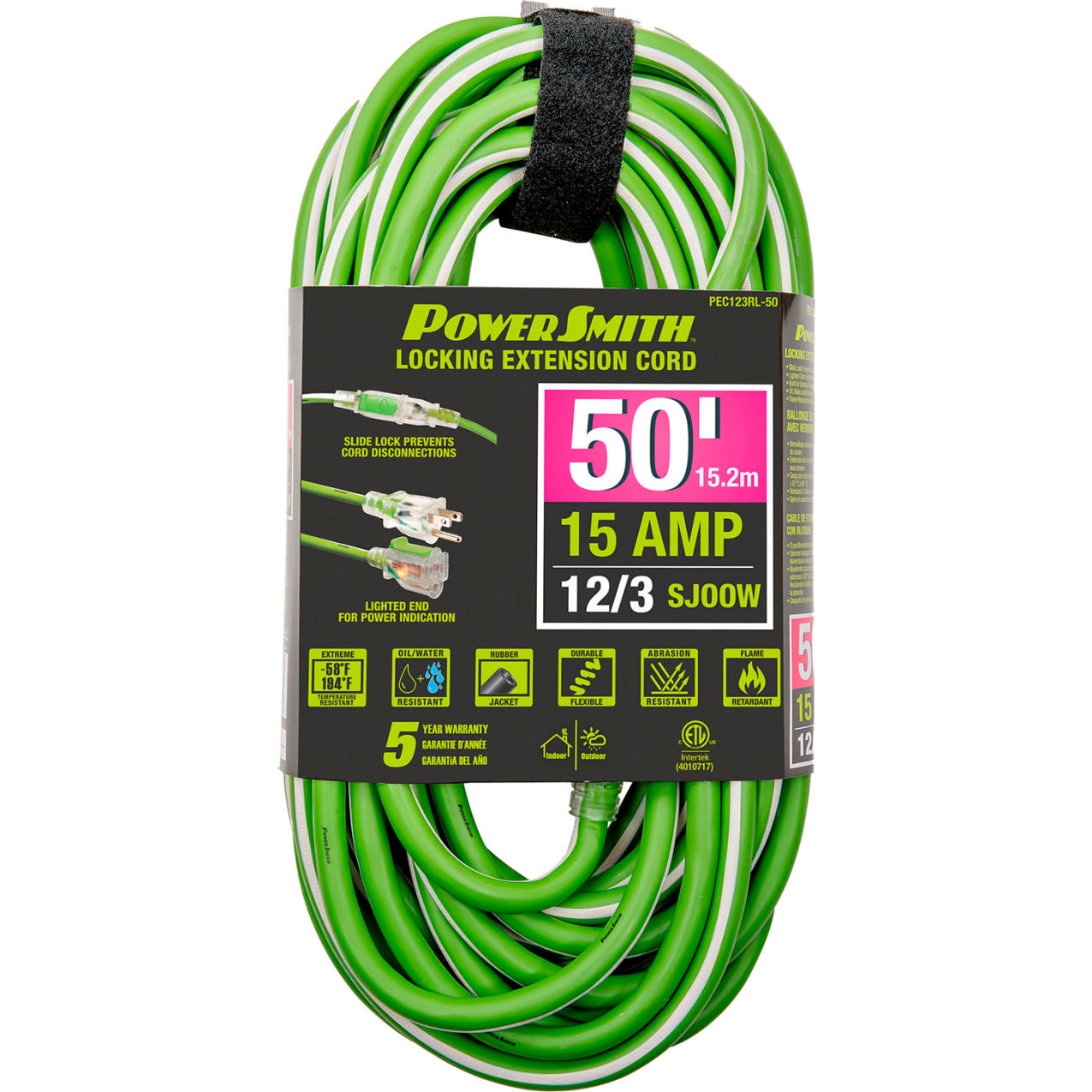 50' SJOOW Extension Cord with Lighted Locking, 12/3 Gauge, 15A, Green