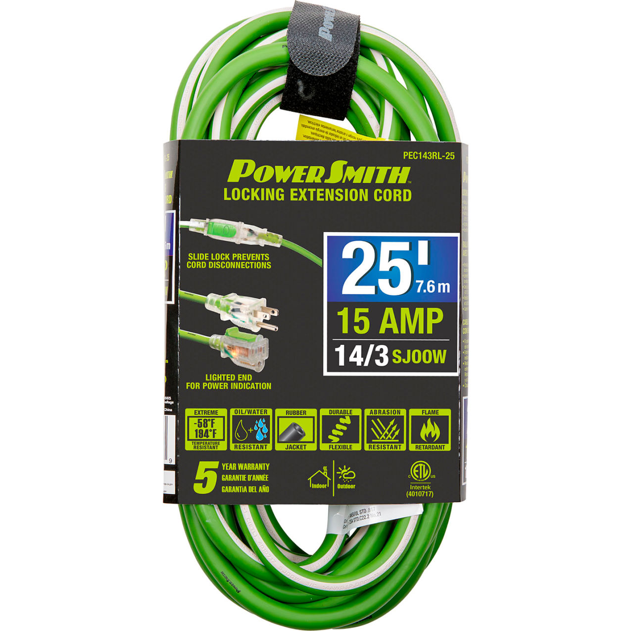 25' SJOOW Extension Cord with Lighted Locking, 14/3 Gauge, 15A, Green