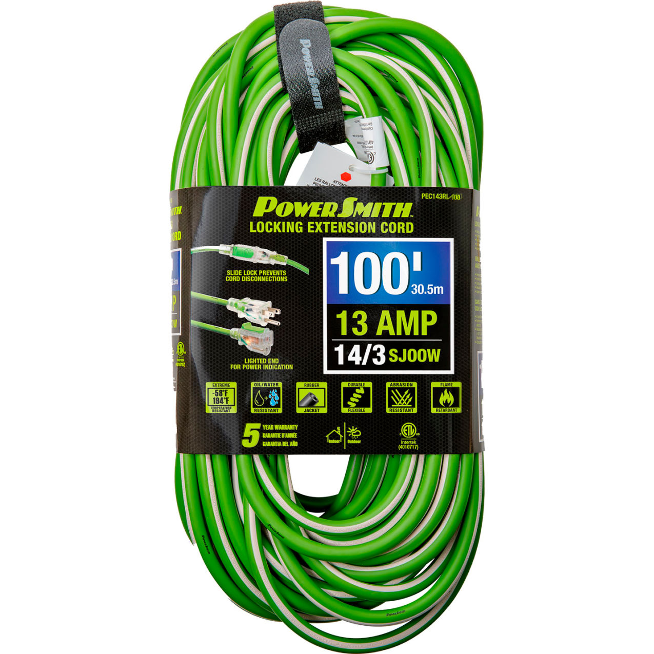 100' SJOOW Extension Cord with Lighted Locking, 14/3 Gauge, 13A, Green