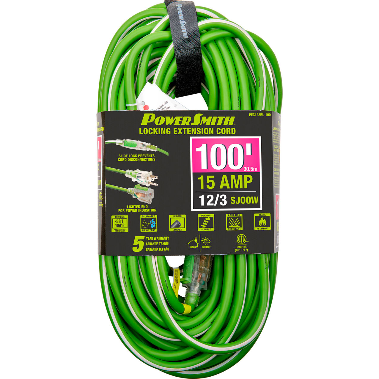 100' SJOOW Extension Cord with Lighted Locking, 12/3 Gauge, 15A, Green