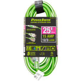 25' SJOOW Extension Cord with Lighted Locking, 12/3 Gauge, 15A, Green