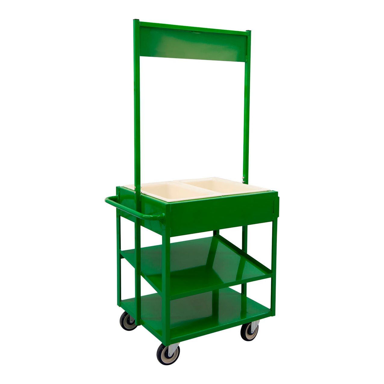 HD Mobile Merchandising Comfort Cart with Cold Food Pans & Signage Rail, Green
