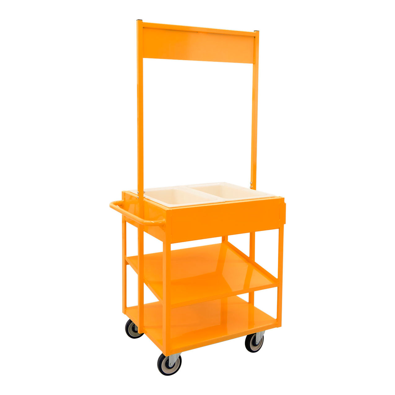 HD Mobile Merchandising Comfort Cart with Cold Food Pans & Signage Rail, Orange