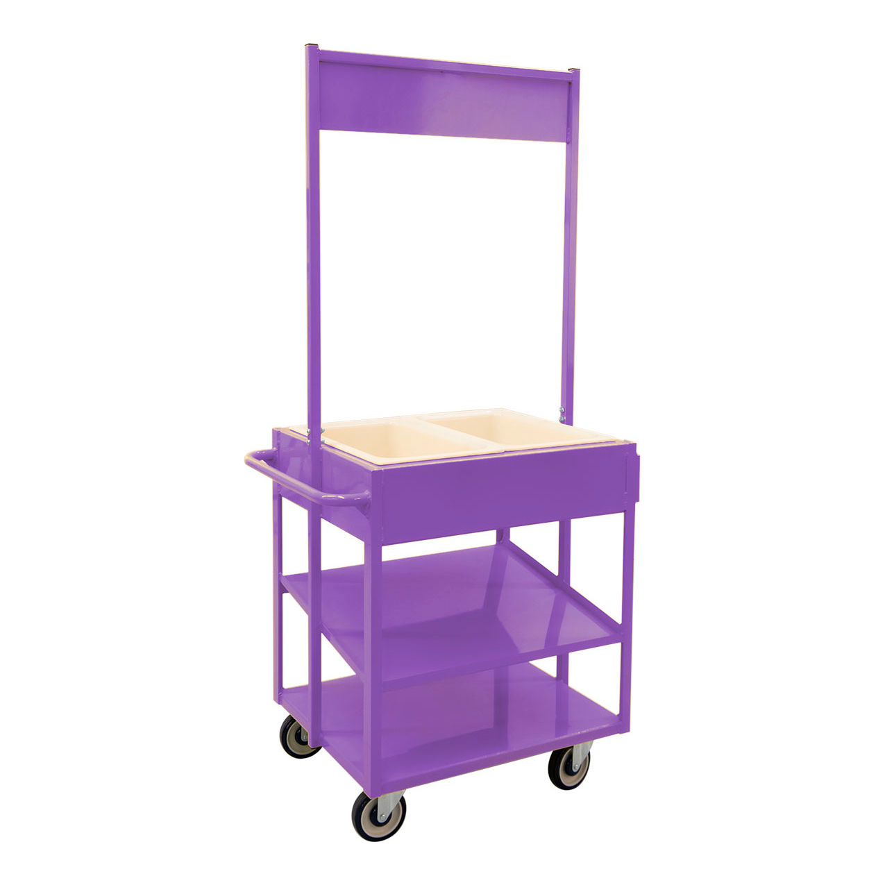 HD Mobile Merchandising Comfort Cart with Cold Food Pans & Signage Rail, Purple