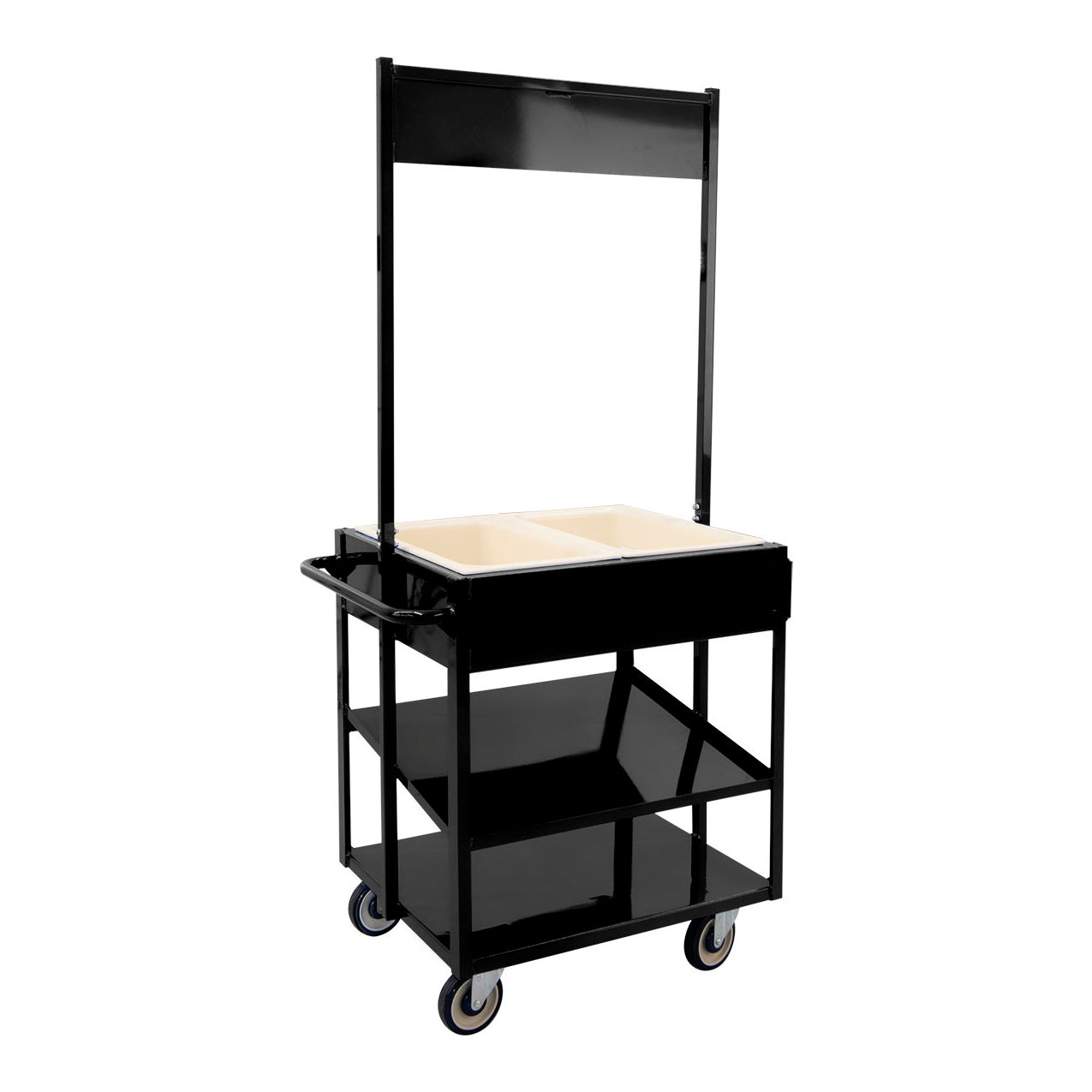 HD Mobile Merchandising Comfort Cart with Cold Food Pans & Signage Rail, Black
