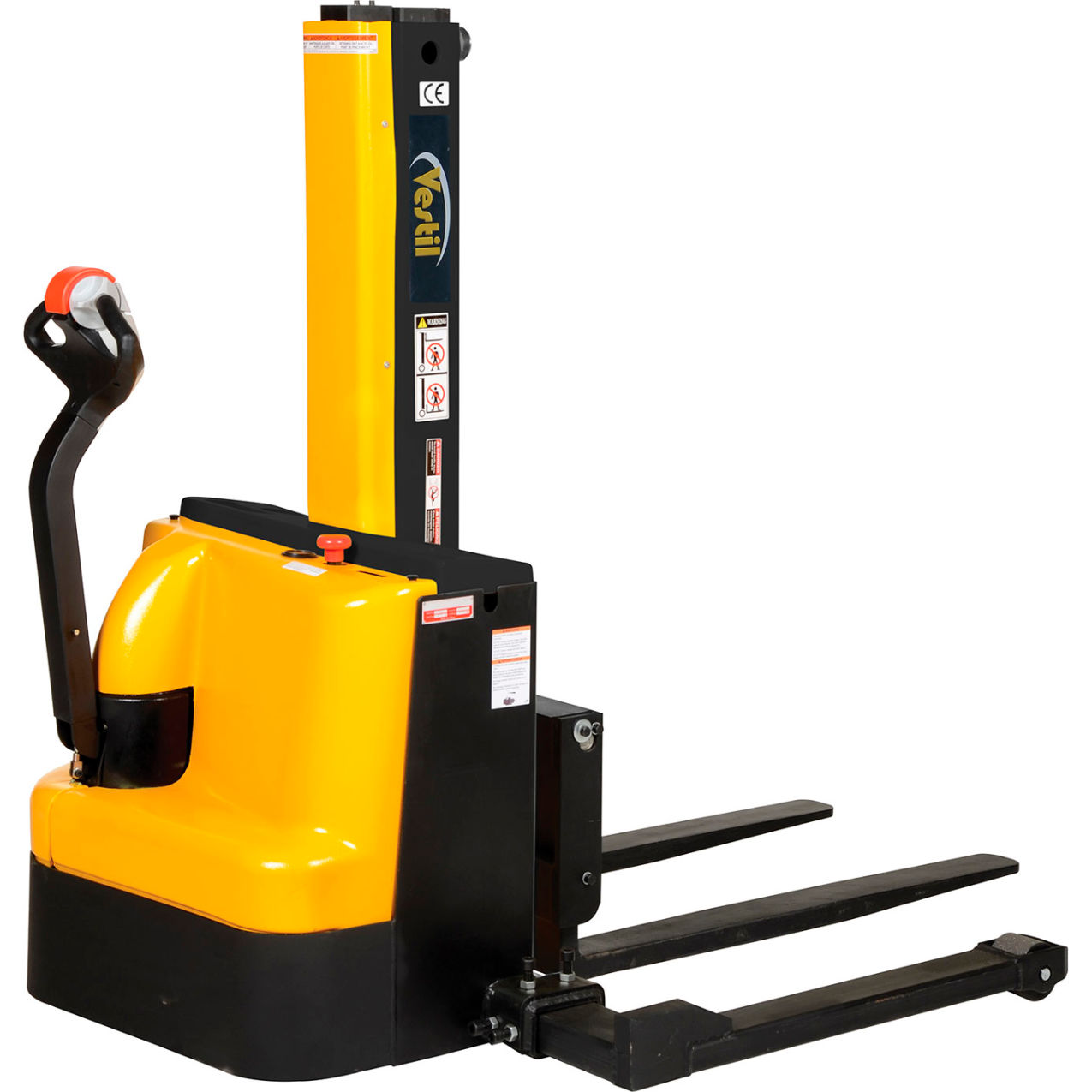 Steel Narrow Mast Stacker, DC Powered, Adjustable Forks & Legs, 90" Lift, 2500 lb. Cap.