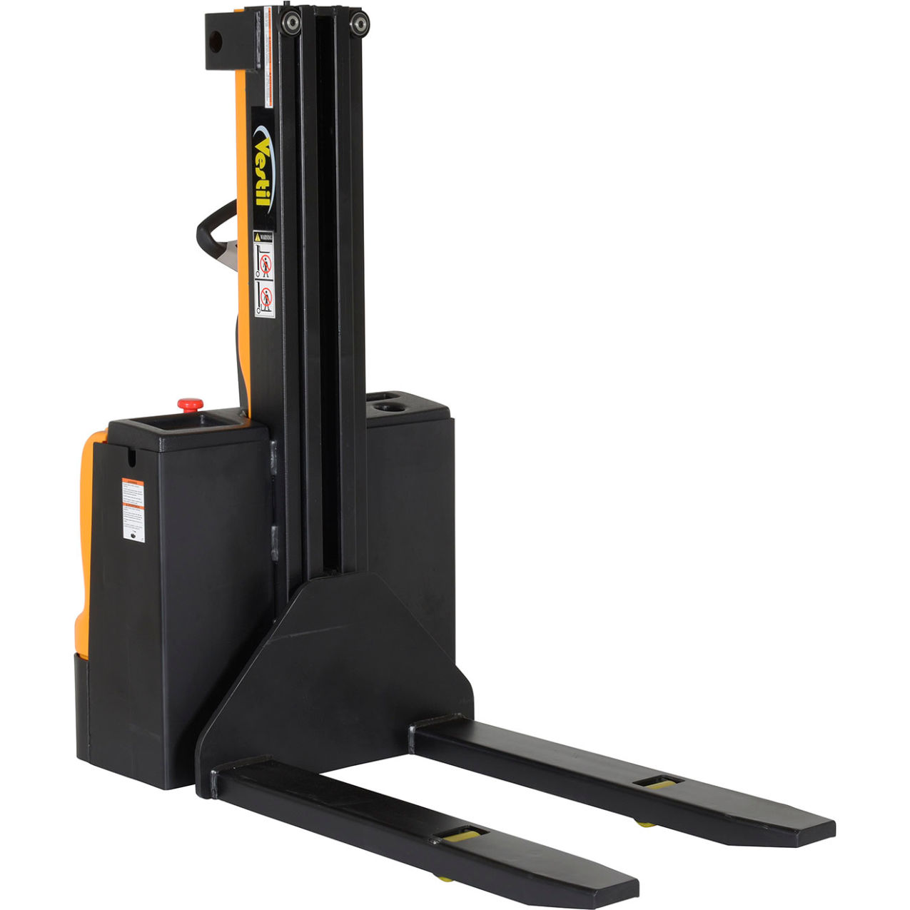 Steel Narrow Mast Stacker, DC Powered, 90" Lift, 2500 lb Capacity