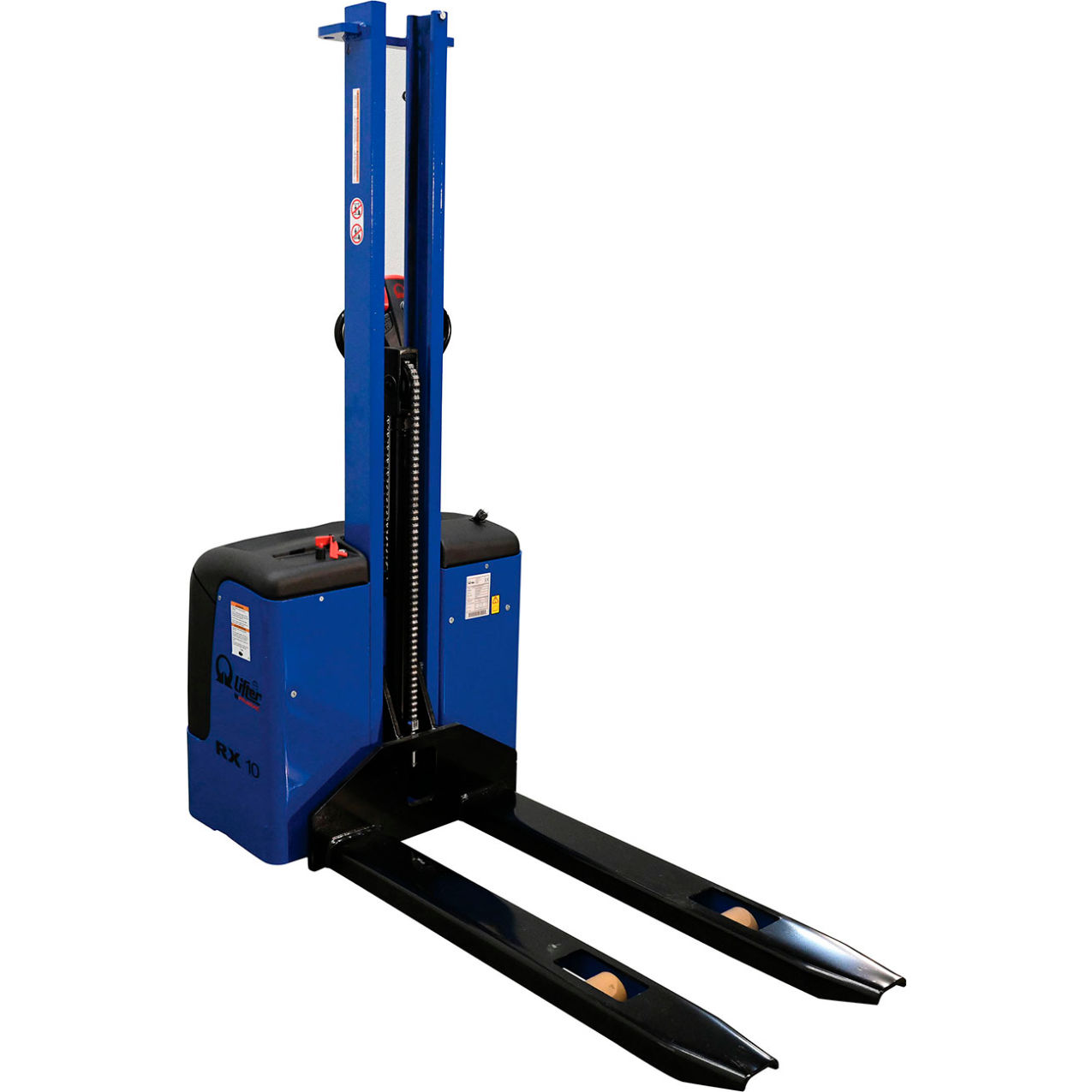 Steel Pramac DC Powered Narrow Mast Stacker, Fixed Forks, 59-1/2" Lift, 2200 lb Cap