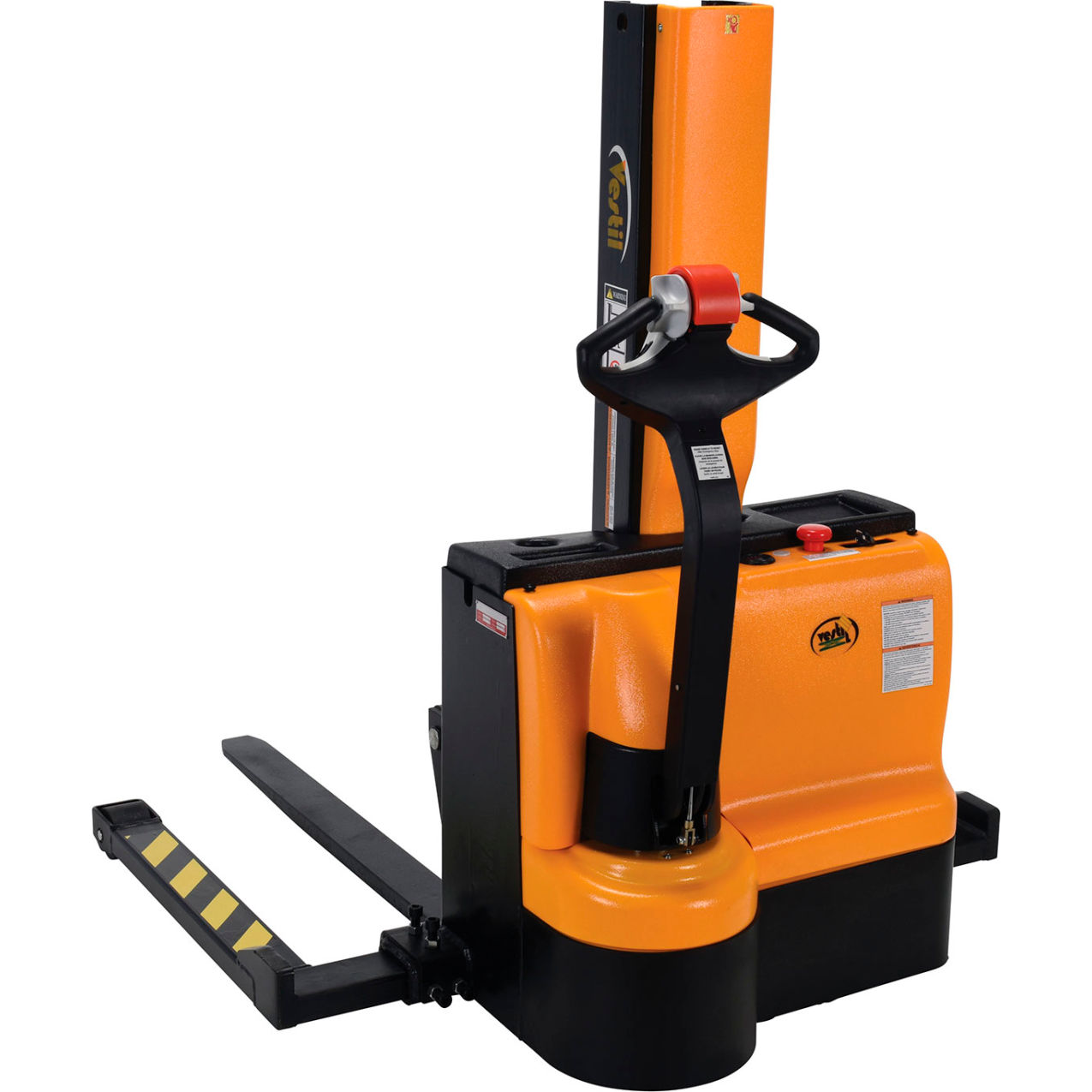Steel Narrow Mast Stacker DC Powered, Adjustable Fork/Legs, 43" Lift, 3000 lb Cap