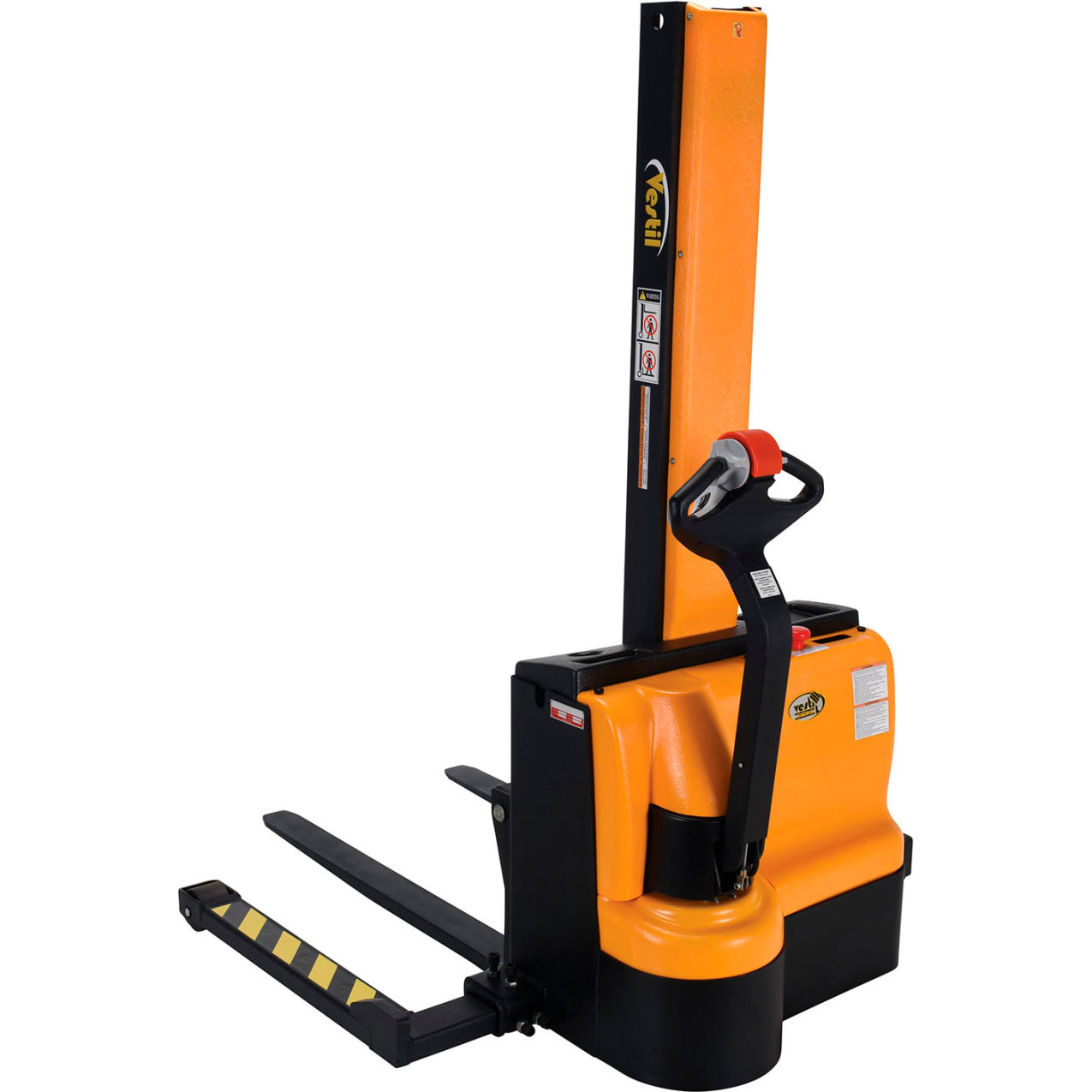 Steel Narrow Mast Stacker DC Powered, Adjustable Fork/Legs, 62" Lift, 2200 lb Capacity
