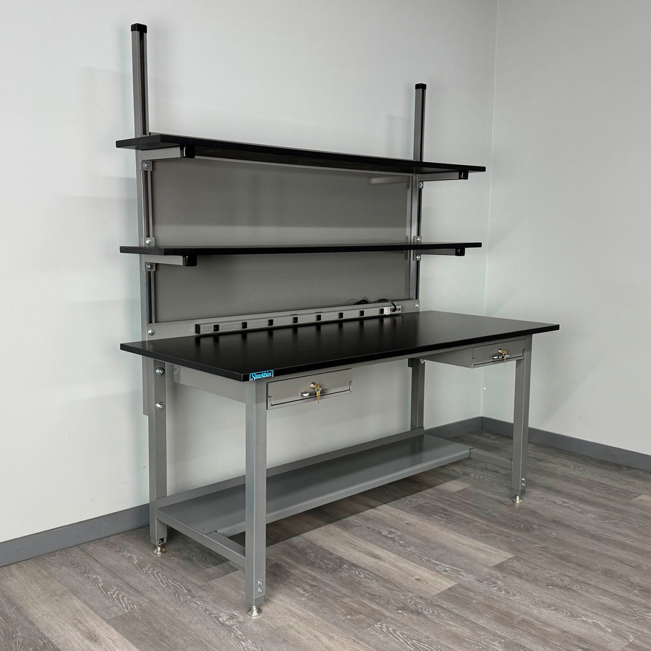 Pre-Configured Lab Workbench #2 with Drawers & Overhead Shelving, 48"W x 30"D, Gray