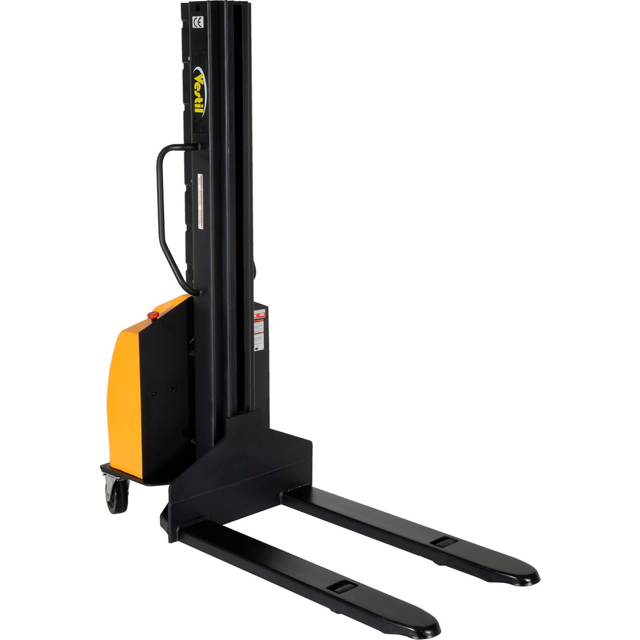 Steel Narrow Mast Stacker, DC Powered, 118" Lift, 1500 lb. Capacity