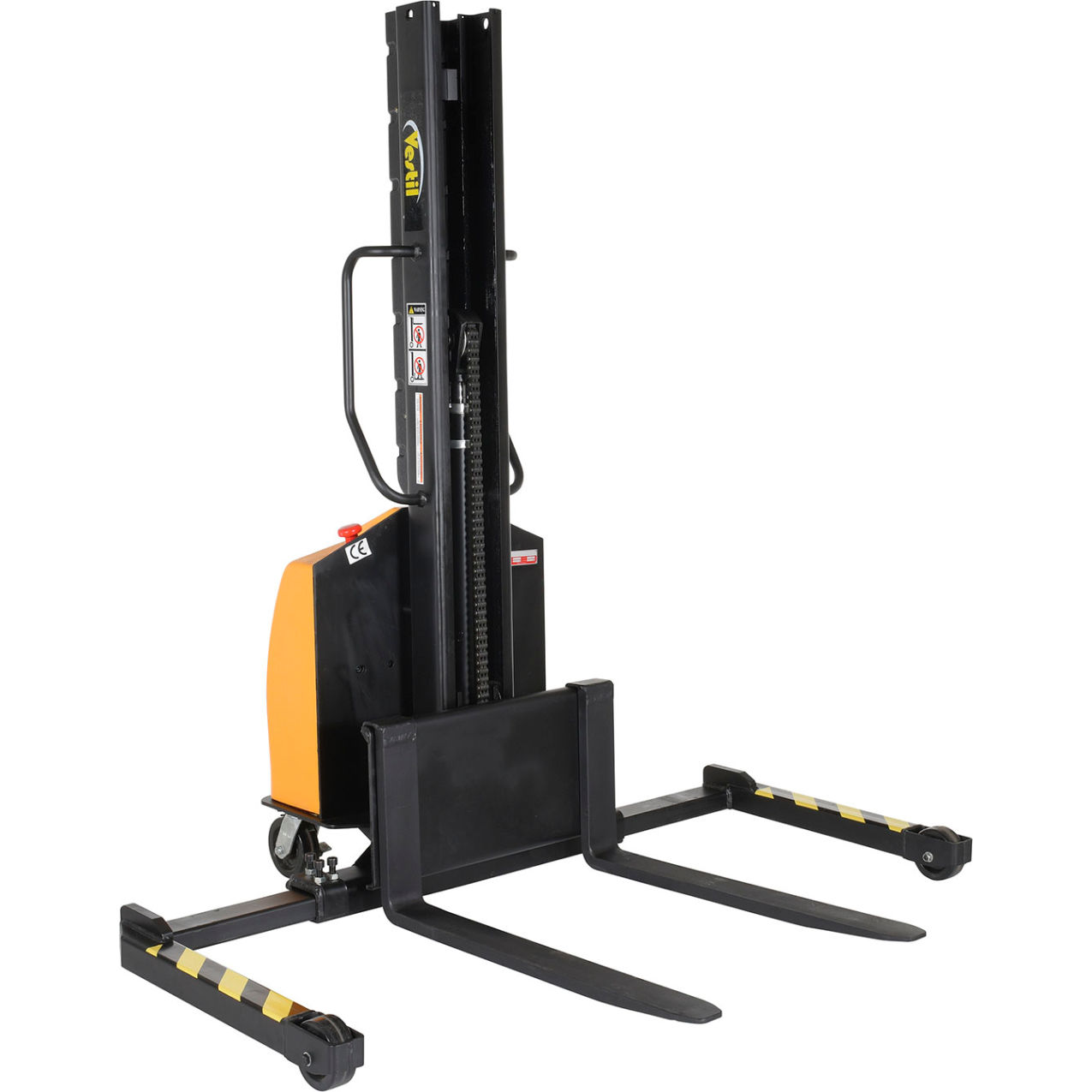 Steel Narrow Mast Stacker, DC Powered, Adjustable Forks & Legs, 63" Lift, 1500 lb. Cap.