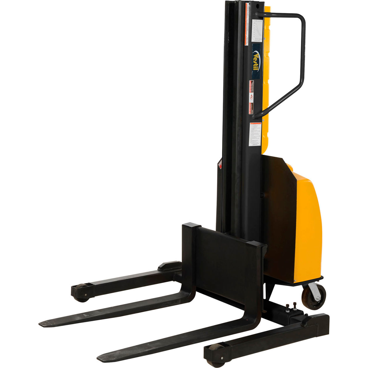 Steel Narrow Mast Stacker, DC Powered, Adjustable Forks & Legs, 98" Lift, 1500 lb. Cap
