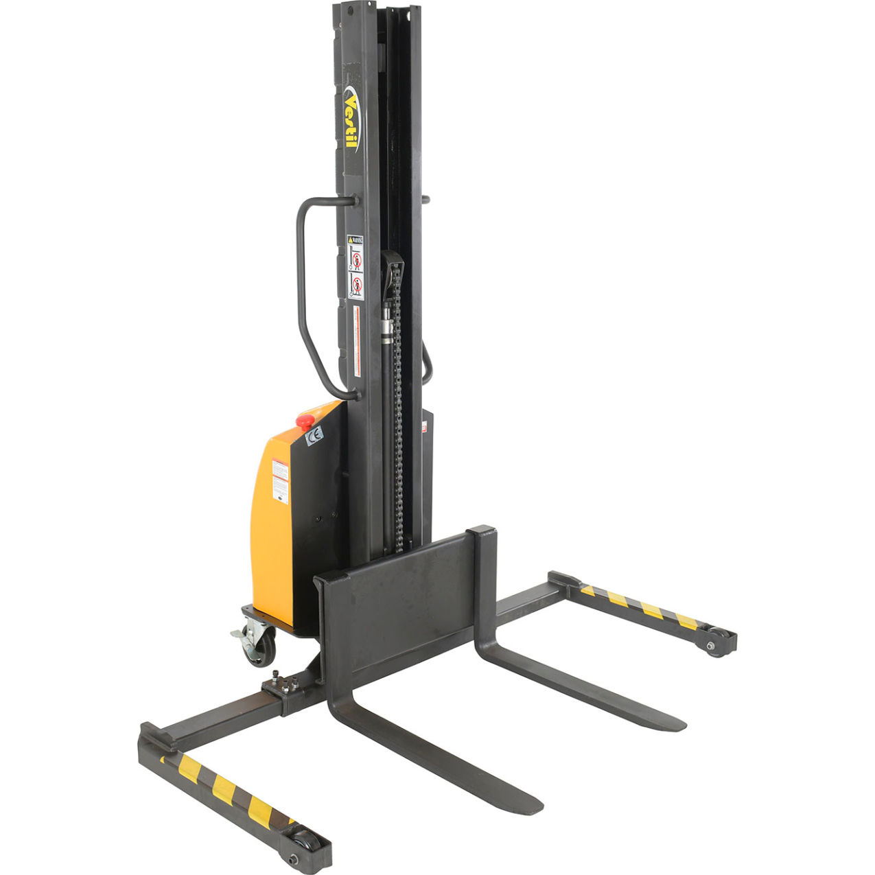 Steel Narrow Mast Stacker, DC Powered, Adjustable Forks & Legs, 63" Lift, 1000 lb. Cap