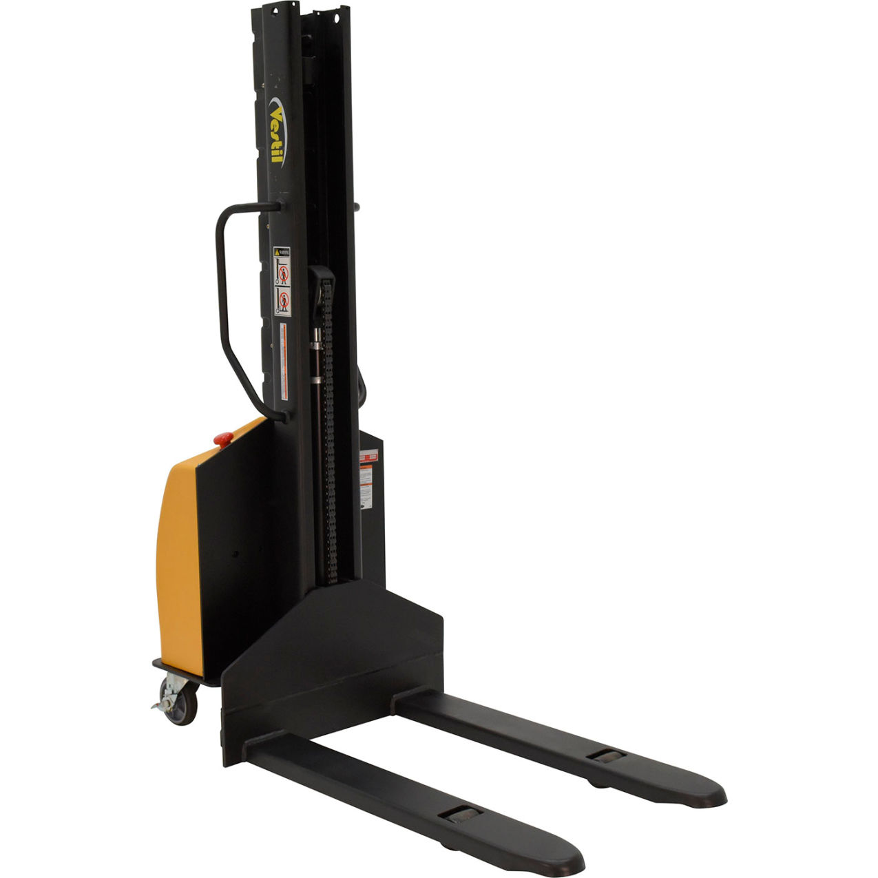 Steel Narrow Mast Stacker, DC Powered, 63" Lift, 1000 lb Capacity