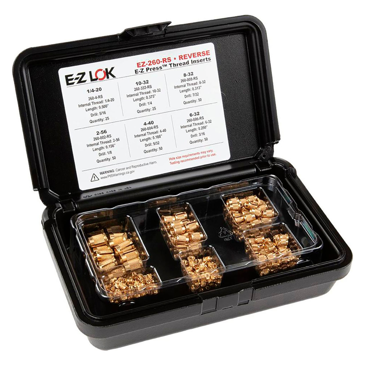 E-Z Press Threaded Insert Assortment Kit, Reverse, Brass, 2-56 to 1/4-20