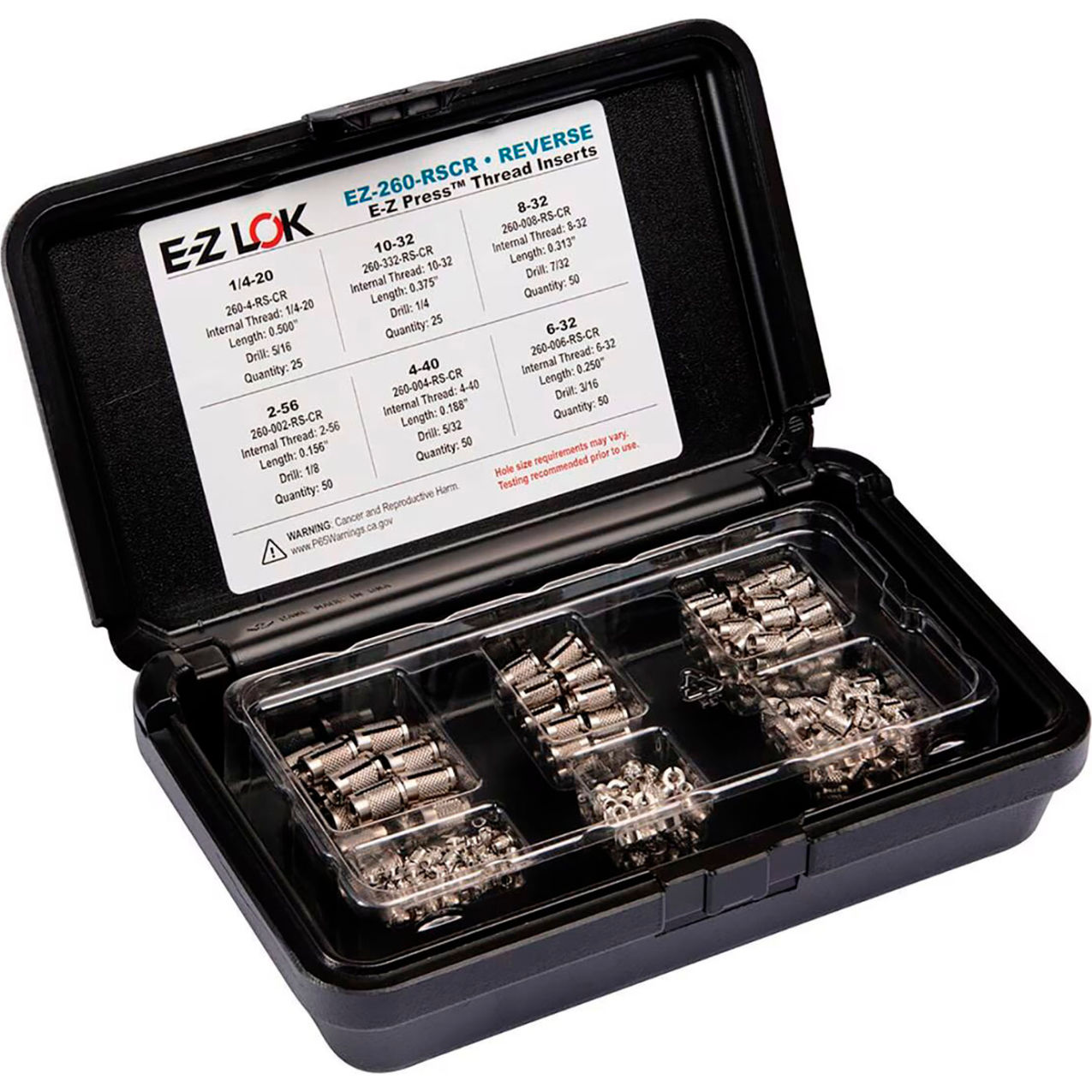 E-Z Press Threaded Insert Assortment Kit, Reverse, SS, 2-56 to 1/4-20