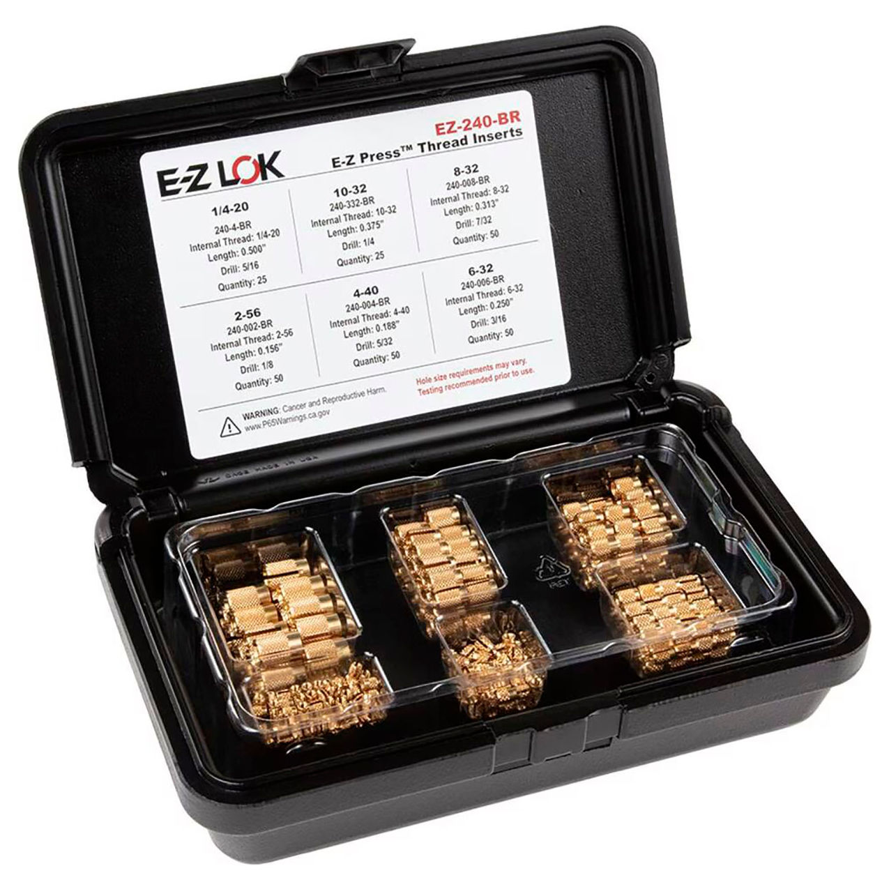 Threaded Insert Assortment Kit, Flush, Brass, 2-56 to 1/4-20