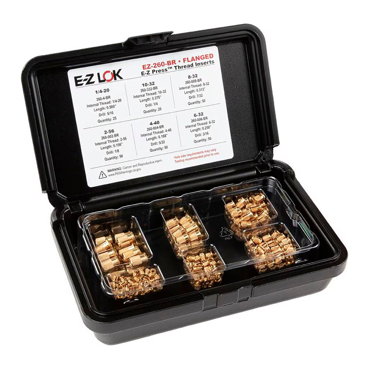 Threaded Insert Assortment Kit, Flanged Brass, 2-56 to 1/4-20