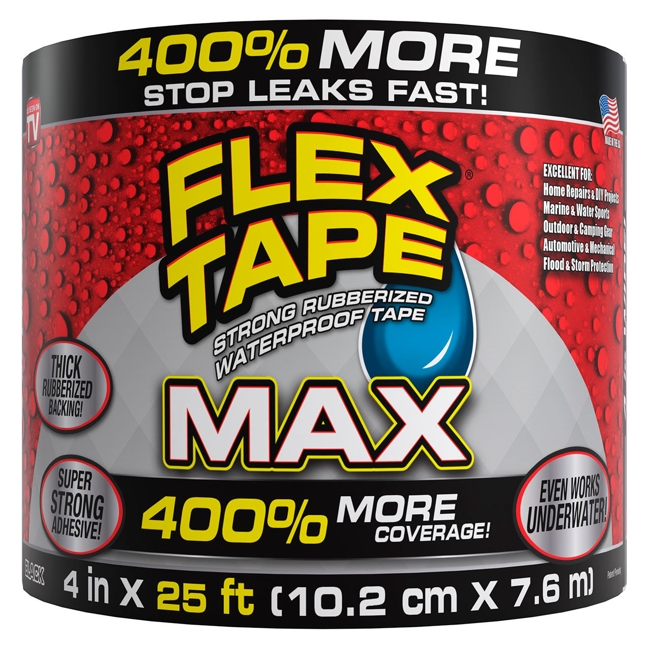 Max Strong Rubberized Waterproof Tape, 4" x 25', Black, 3/Case