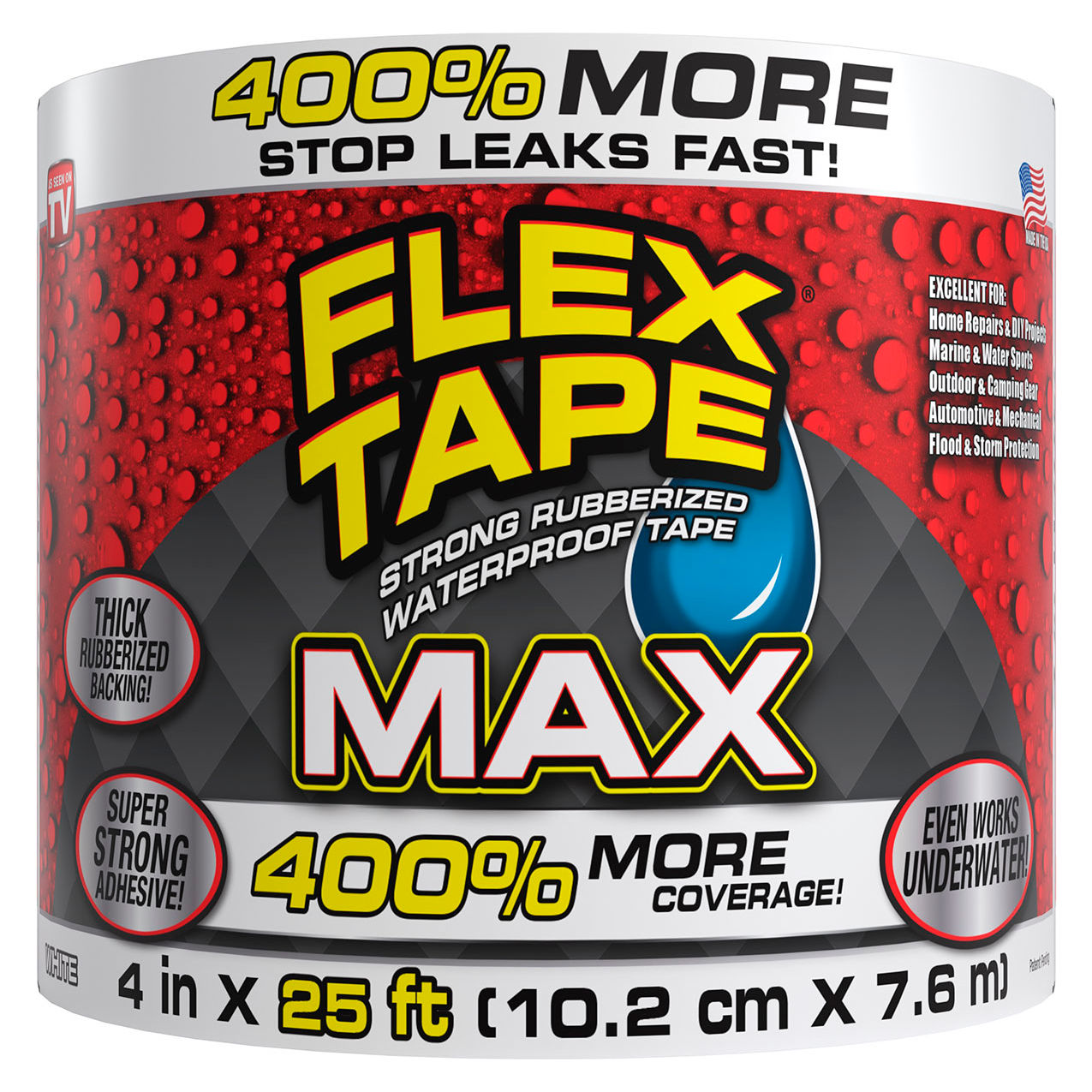 Max Strong Rubberized Waterproof Tape, 4" x 25', White, 3/Case