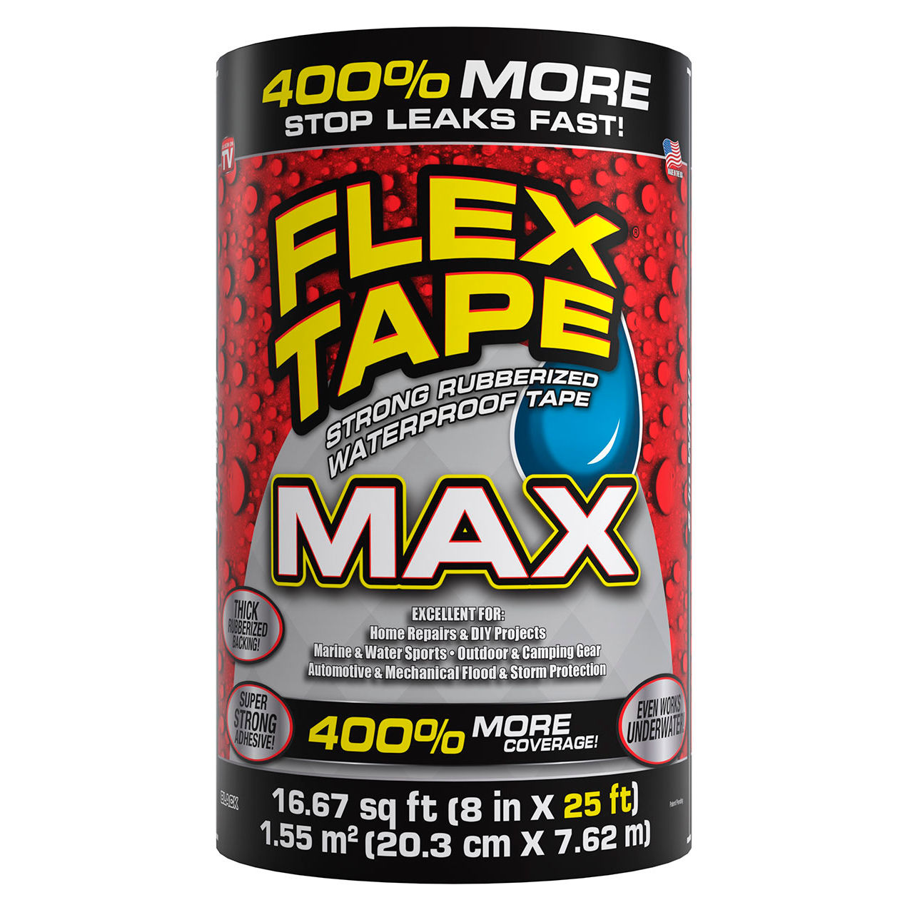 Max Strong Rubberized Waterproof Tape, 8" x 25', Black, 3/Case