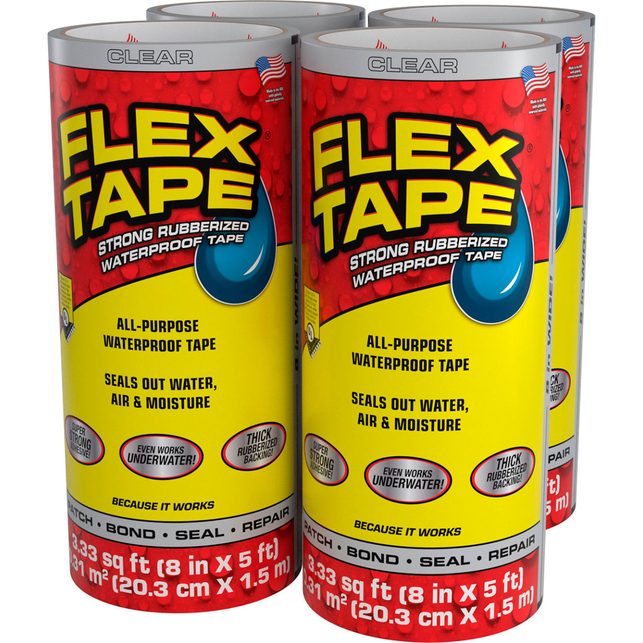 Strong Rubberized Waterproof Tape, 8" x 5', Clear, 4/Case