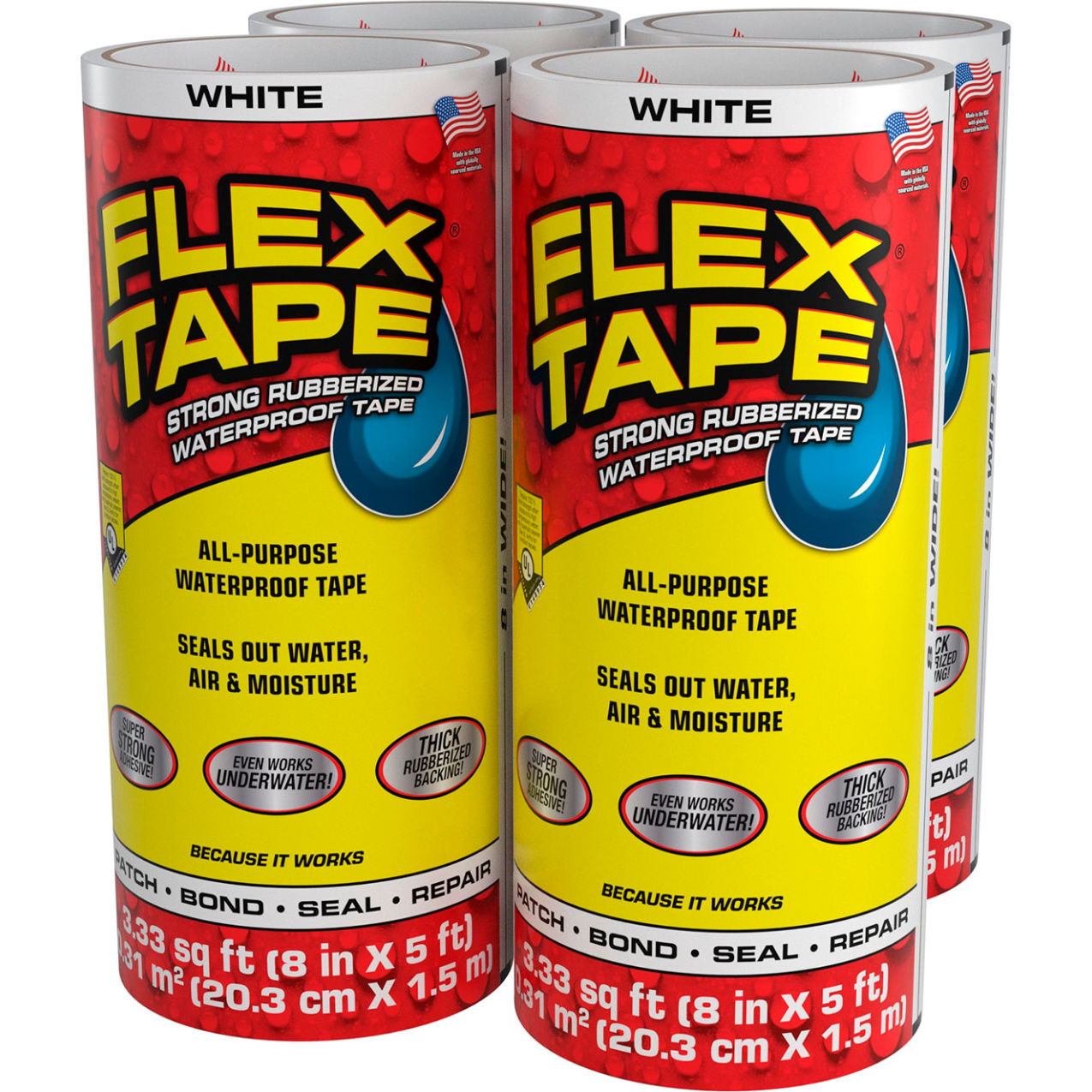 Strong Rubberized Waterproof Tape, 8" x 5', White, 4/Case