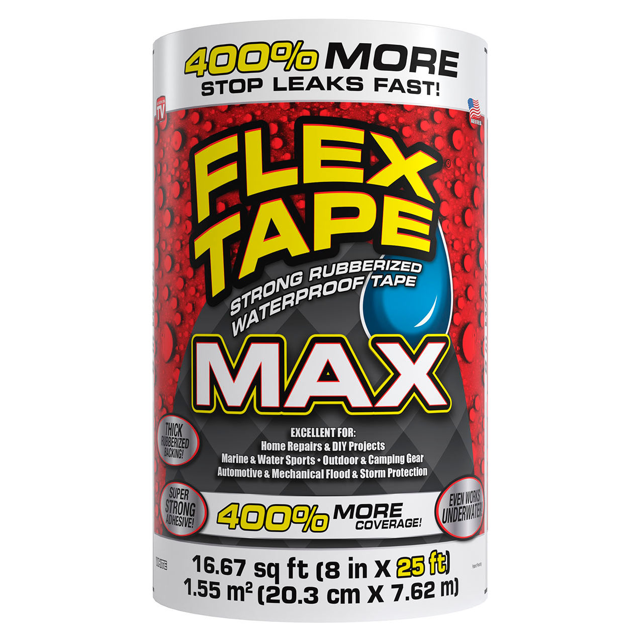 Max Strong Rubberized Waterproof Tape, 8" x 25', White, 3/Case