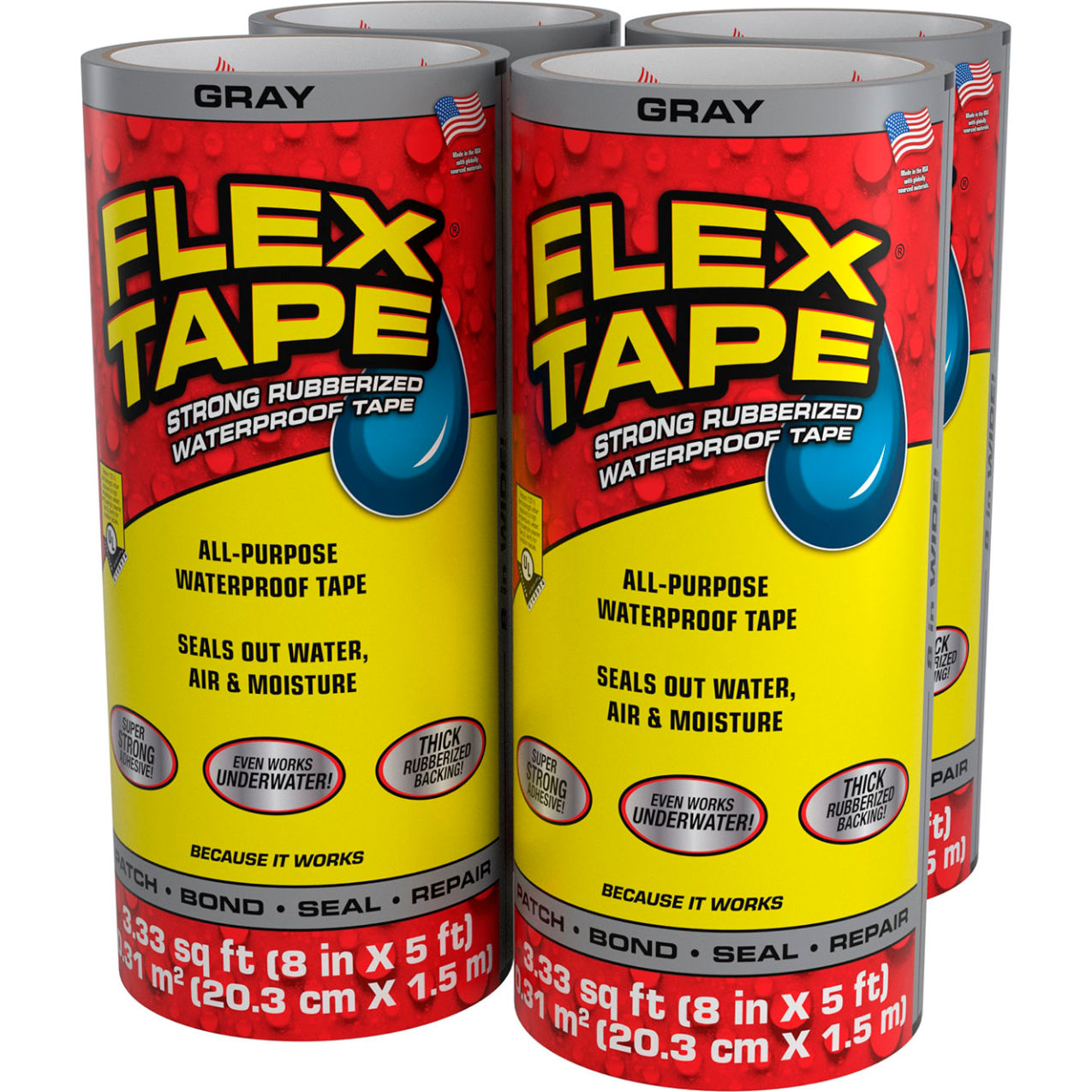 Strong Rubberized Waterproof Tape, 8" x 5', Gray, 4/Case