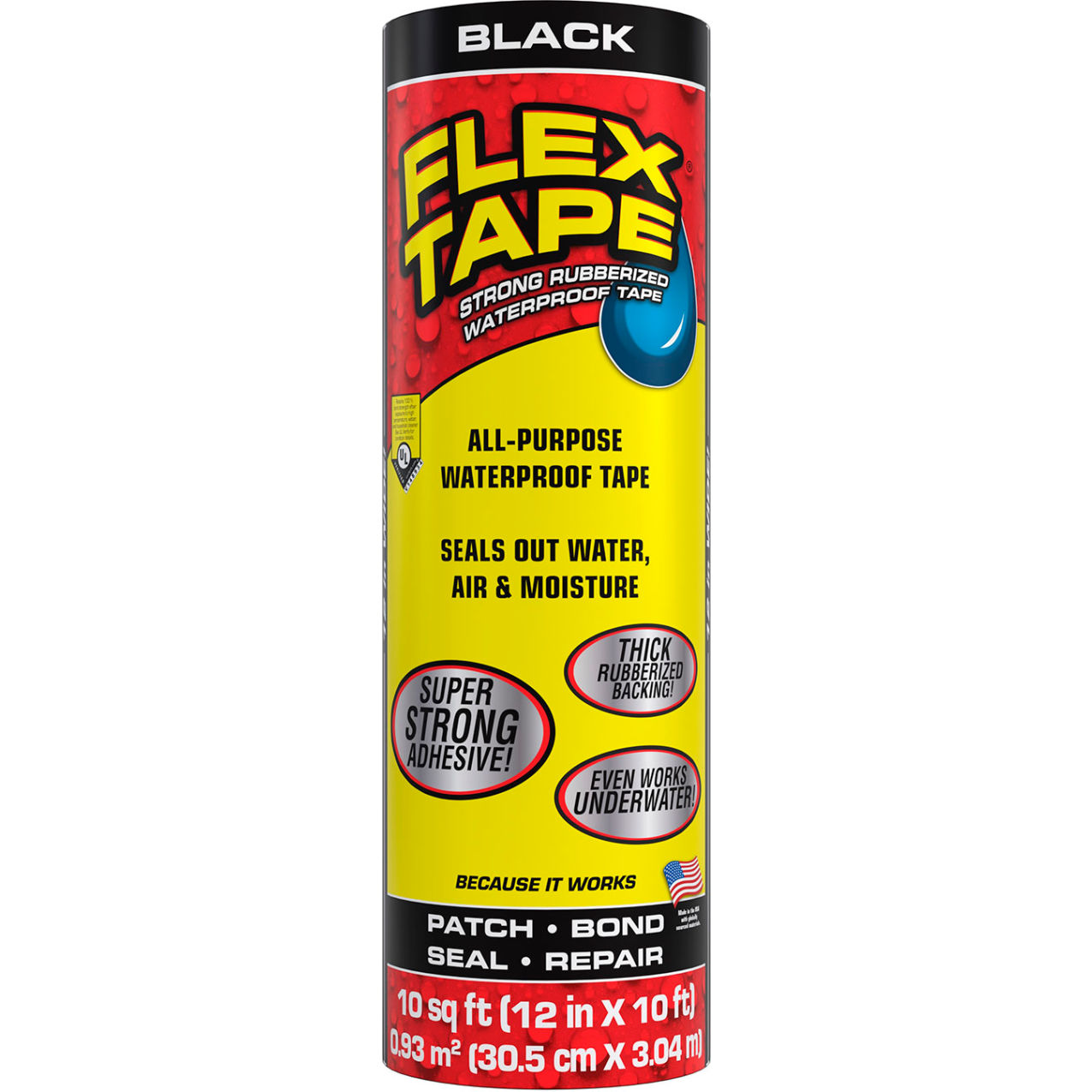 Strong Rubberized Waterproof Tape, 12" x 10', Black, 4/Case