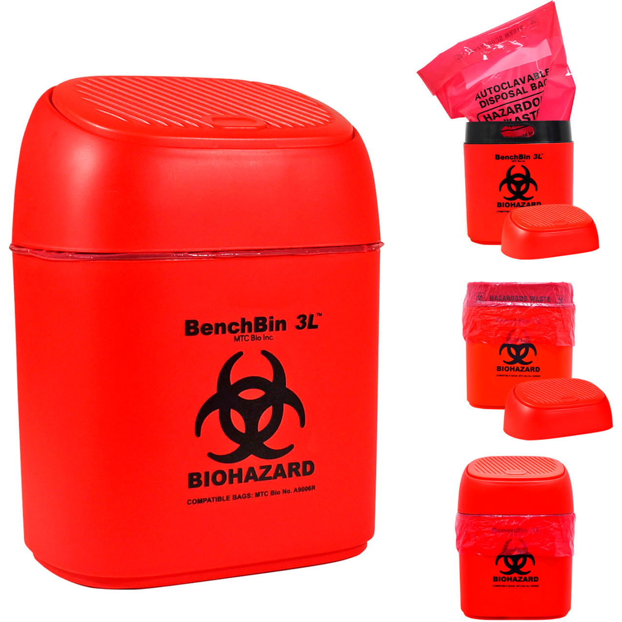 Bio BenchBin 3L Starter Kit, 400 Autoclave Bags, Polypropylene, Red