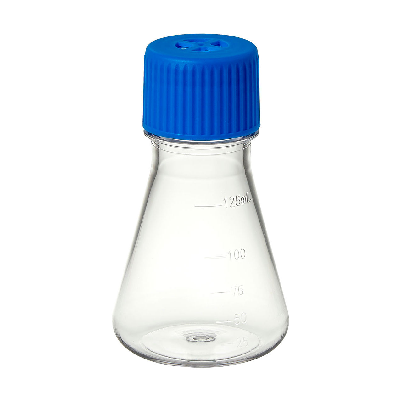 Bio 125mL Erlenmeyer Flask w/Vented Screw Cap, Flat Bottom, PETG, Sterile