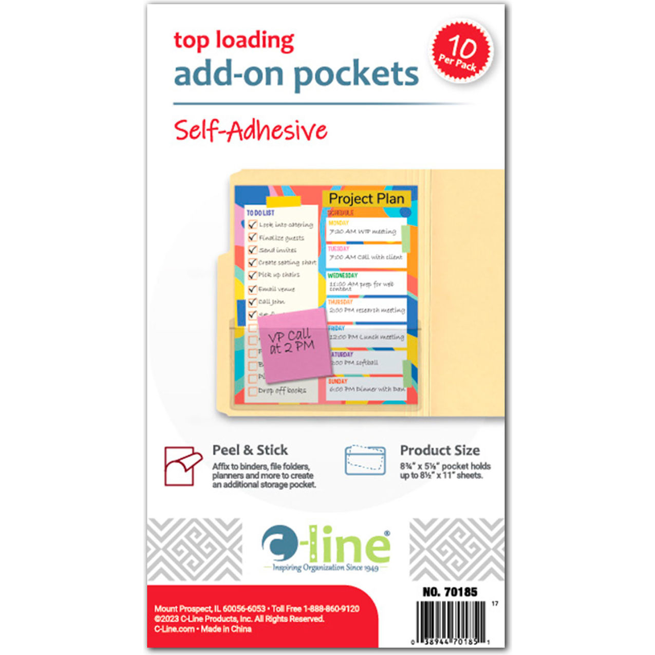 Add-On Filing Pocket, Clear, 8-3/4" x 5 1/8", 10/Pack