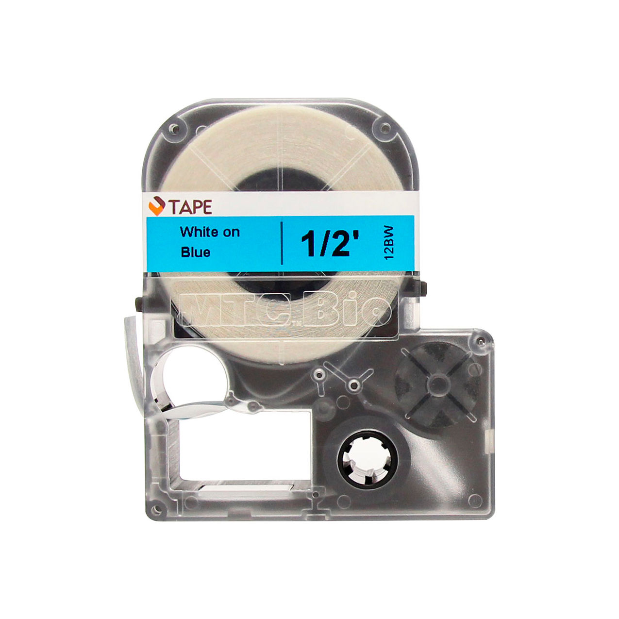 Bio Label Cartridge Cassettes, 1/2"W x 26'L, Blue with White Print