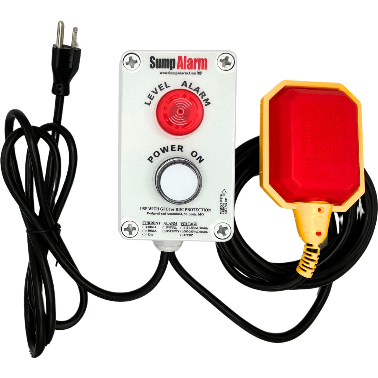 Sump Alarm High Water Alarm with Power On Light, 120V, 16' Float