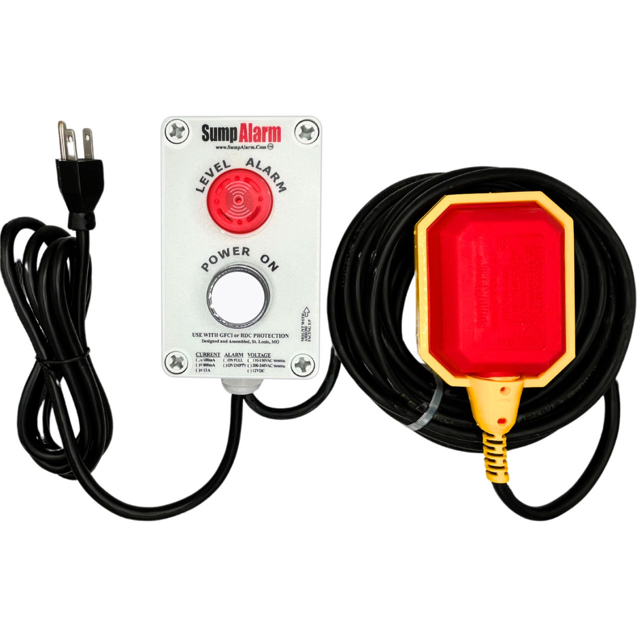 Sump Alarm High Water Alarm with Power On Light, 120V, 100' Float