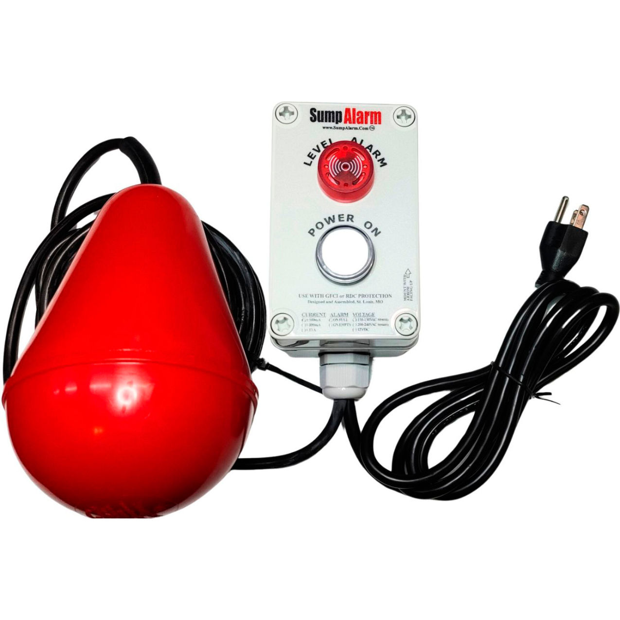 Sump Alarm High Water Alarm with Power On Light, 120V, 16'