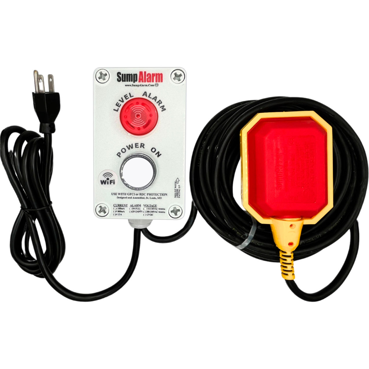 Sump Alarm High Water Alarm with Power On Light, 120V, 100' Float, Wi-Fi Enabled